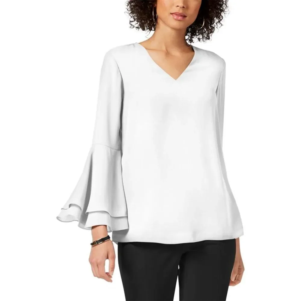 Alfani Womens White V-Neck Hi Low Bell Sleeves Casual Top Blouse Imperfections